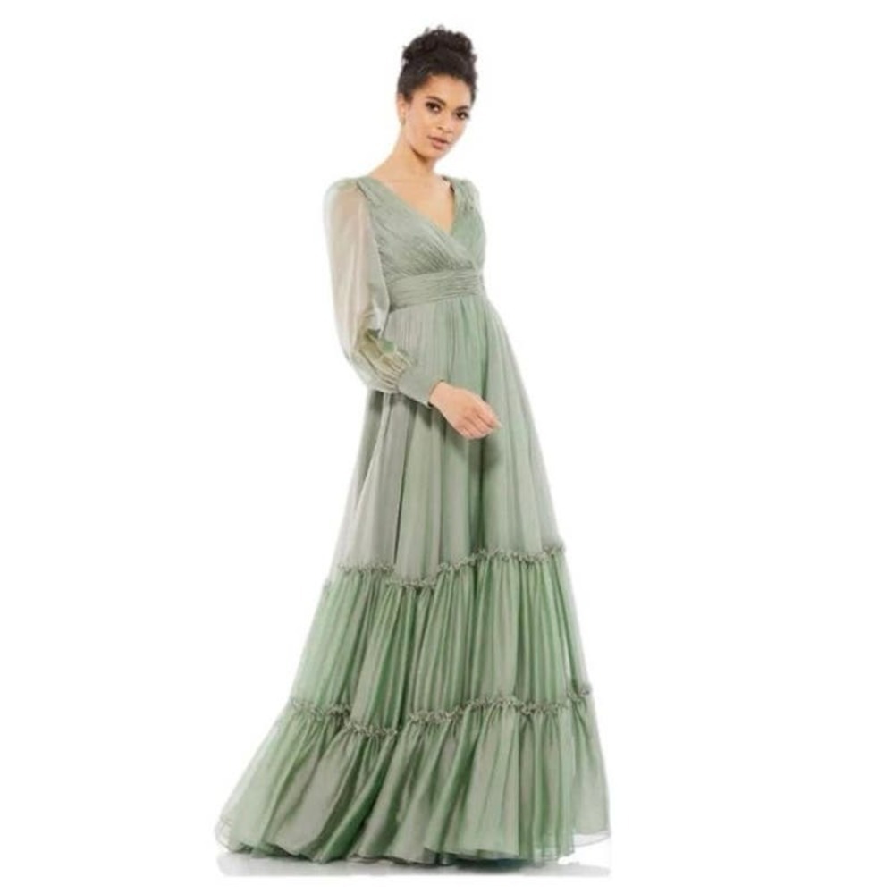 Mac Duggal Faux Wrap Illusion Bishop Sleeve Tiered Gown Style 678641 Size 2 Nwt